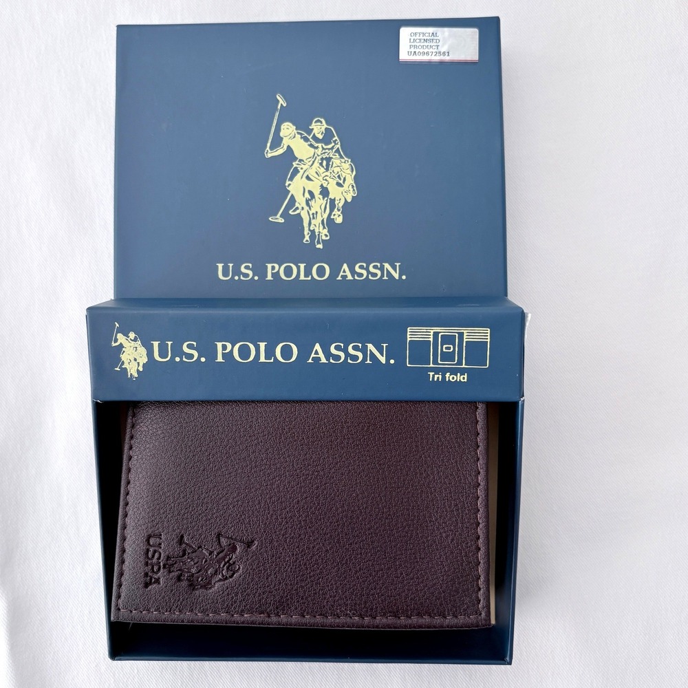 U.S. Polo Assn Trifold Wallet Brown Genuine Leather Embossed Logo NWT
